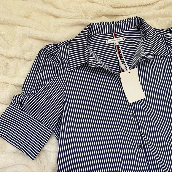 NWT Tommy Hilfiger Two-Tone Pleated Shirt Dress pale blue/forest green - Picture 10 of 10